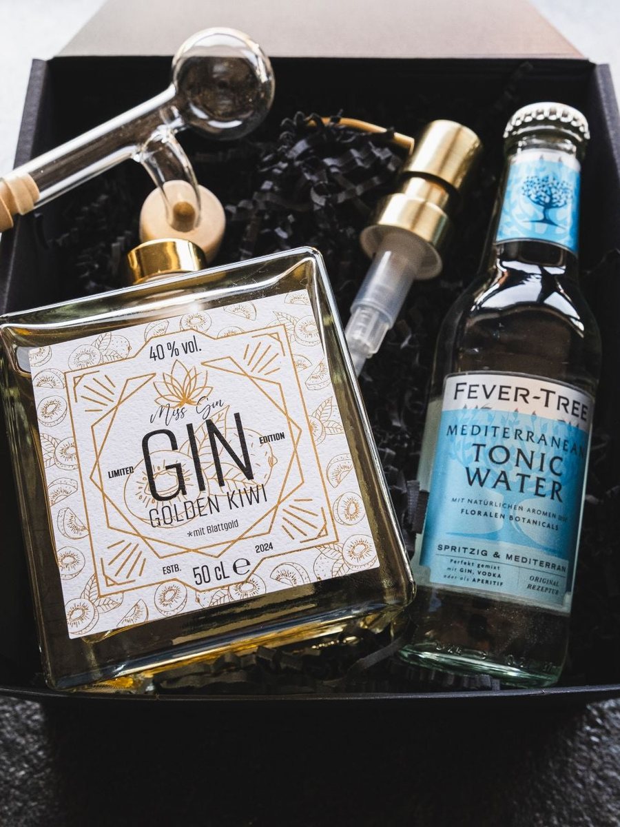 Miss Gin Geschenkbox: Gin, Tonic, Glas-Portionierer und Pump Head in der schwarzen Box